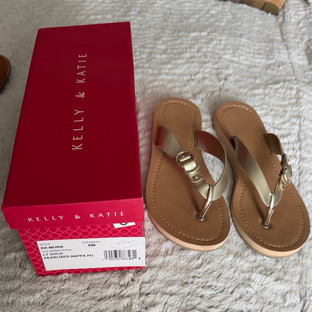 Kelly & Katie Metallic Gold Thong Sandals with Buckle Detail